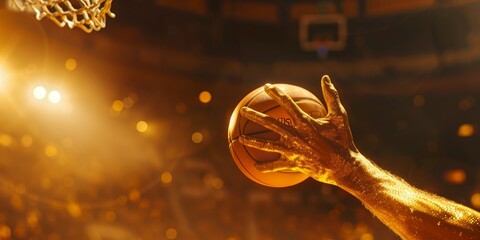 one hand in Gold clos up shooting a gold basketball shot in an arena, with copy space