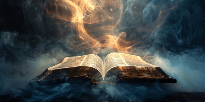 Open bible on a dark background with rays of light and smoke, with copy space