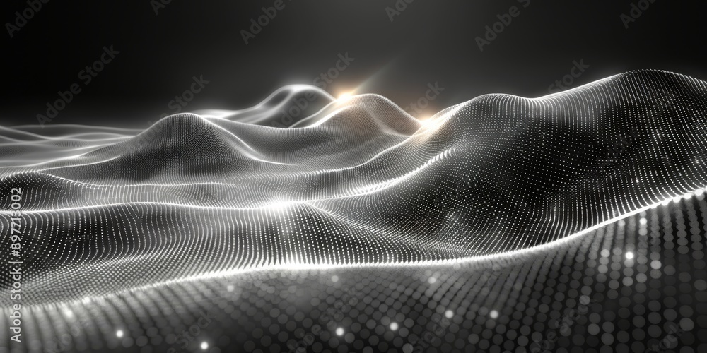 Poster abstract digital waves with shiny points, metallic texture, and fluid dynamics set against a black b