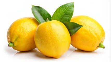 Lemons with Leaves on White Background, Citrus Fruit, Yellow, Fresh, Healthy , lemon , citrus