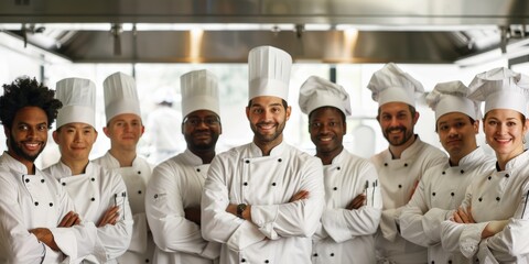 Portrait of a group of chefs and culinary students in the culinary Institute's kitchen, with copy space