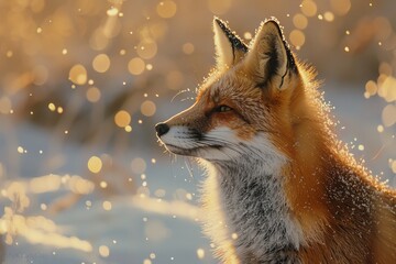 Obraz premium Close-up of a beautiful red fox in a golden, sparkling winter landscape, captured in soft, dreamy light, perfect for nature and wildlife themes.