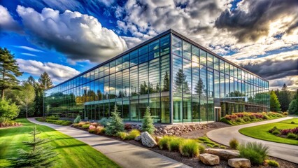 Modern Glass Building with Reflecting Clouds, Green Trees, and Winding Path, Landscape, Architecture, Glass Facade, Clouds
