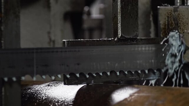 Metal Production Factory. Modern Bi-metal Band Saw is Slowly Cutting Through the Huge Metal Pipe on Automated Line. White Cooling Liquid is Pouring down on the Saw. Heavy Industry.Slow-motion.Close up