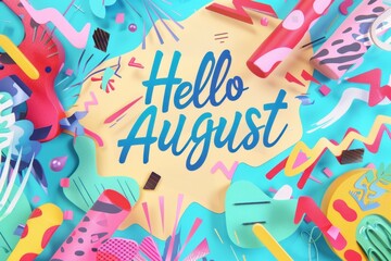 The words "Hello August" in bold, modern font against an abstract background with vibrant colors and geometric shapes Generative AI