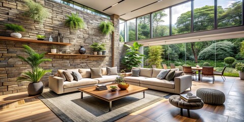 Modern Living Room Interior Design with Stone Wall and Large Windows, Interior Design, Living Room, Stone Wall, Large Windows