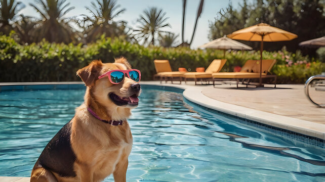 Chillin' Canine. Female Dog Wearing Sunglasses, Lounging at the Pool