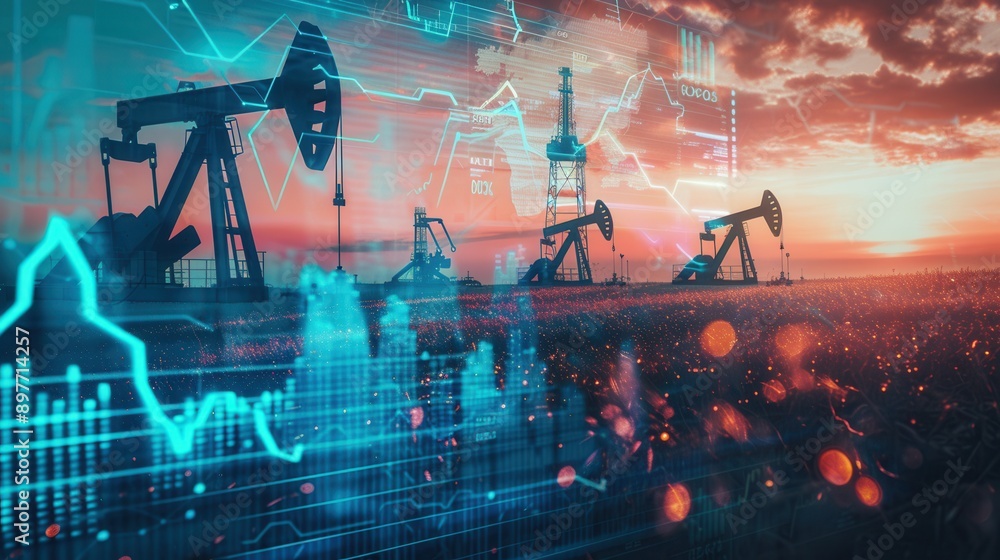 Poster a field of oil rigs at sunset, overlaid with digital charts and graphs showing fluctuating financial