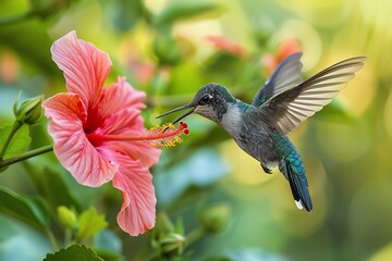 Fototapeta premium Close-up of a hummingbird feeding from a pink flower, with a lush green background, capturing nature's small wonders in vibrant detail.
