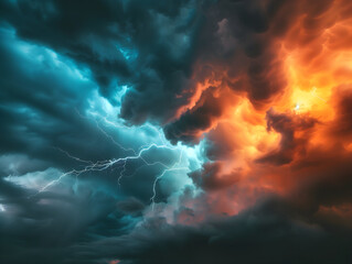 Cloud sky with lightning, thunder storm background for presentation. Red and blue
