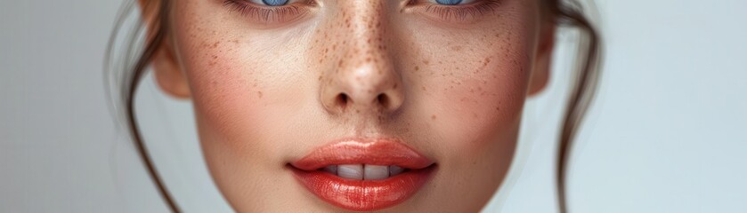 Close-up portrait of a young woman with radiant skin, freckles, and soft lips, embodying beauty and confidence.