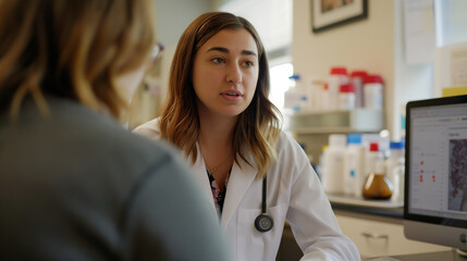 Genetic counselor discussing results with a patient, showcasing knowledge and compassion in modern medicine, upper third copy space