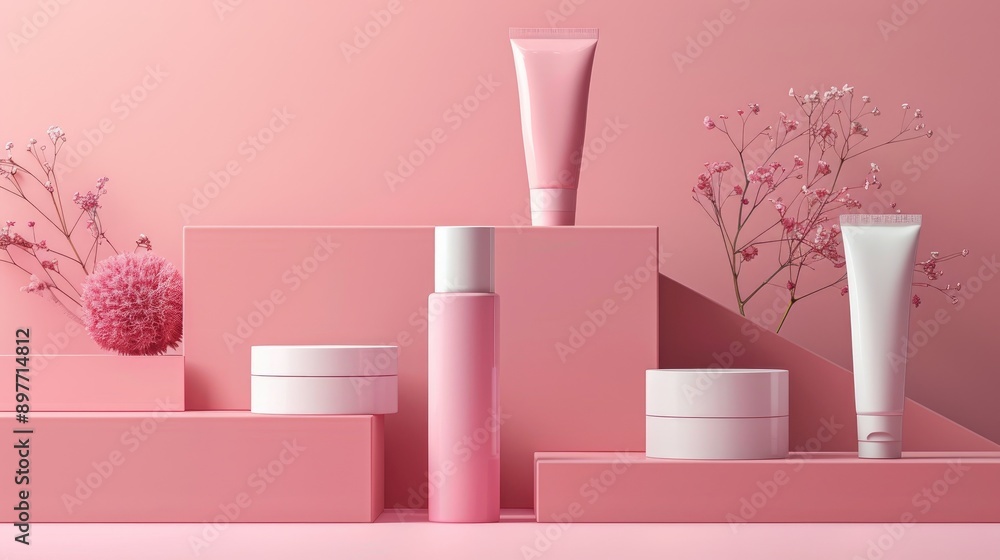 Poster cosmetics branding mock up with tubes and jars on colored background