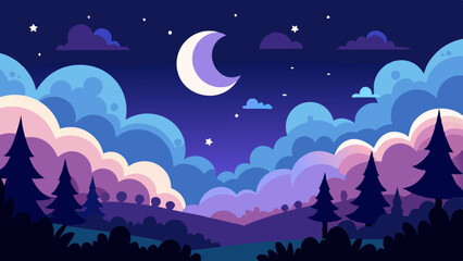 Night sky with clouds, moon and stars In a magical forest vector art illustration