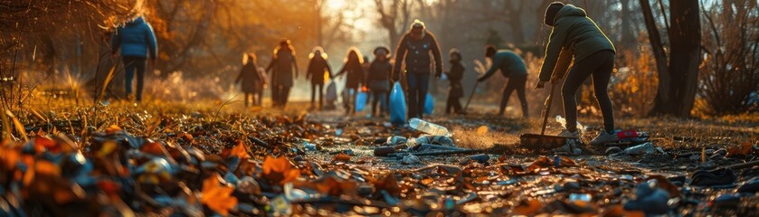 Community members come together to clean up litter in a serene forest setting, promoting environmental awareness and teamwork.