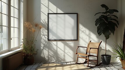 Empty Picture Frame In A Sunlit Living Room With Rocking Chair