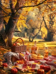 A Fall picnic blanket with a basket of food and drinks in an autumnal forest, golden leaves falling from the trees.