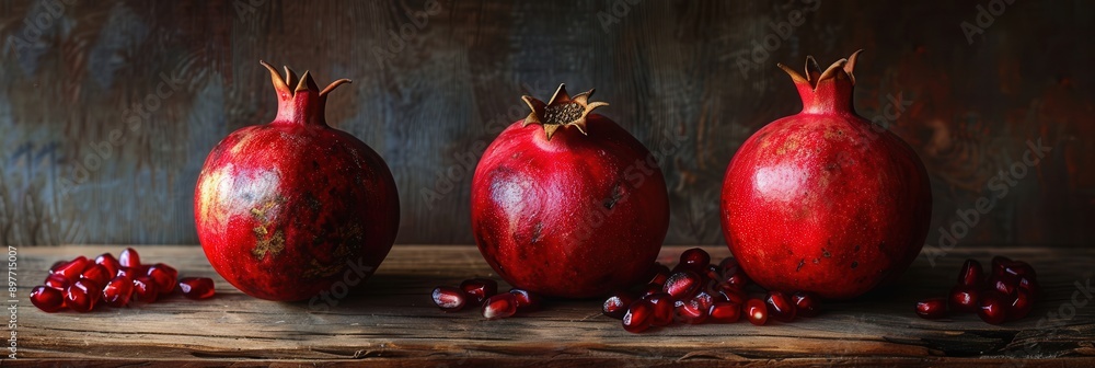 Poster Three ripe pomegranates and scattered seeds on a wooden table, illuminated from the left, cast shadows on the right side