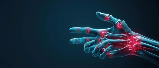 Obraz premium A clear image of fingers with a red highlight around the aching joints, capturing the essence of finger pain and the specific area of discomfort, banner, with copy space