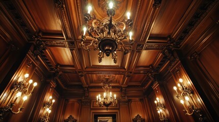 Fototapeta premium Ceiling with dark wood paneling and ornate crown molding