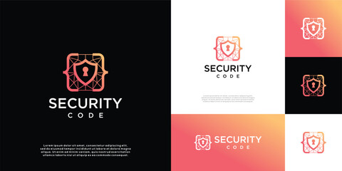 Minimalist shield security code logo, shield security icon set for programming code logo design.