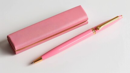 A single pink pen in a golden light with a matching case set against a white backdrop