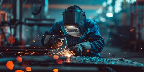 Skillful metal worker working with arc welding machine in factory while wearing safety equipment. Metalwork manufacturing and construction maintenance service by manual skill labor concept