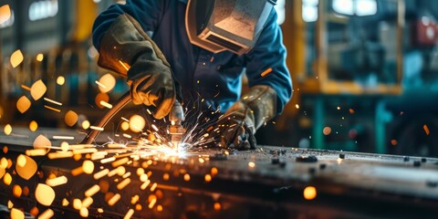 Skillful metal worker working with arc welding machine in factory while wearing safety equipment. Metalwork manufacturing and construction maintenance service by manual skill labor concept