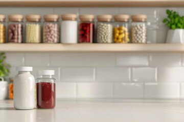 A detailed depiction of various nutritional supplements with a wellorganized kitchen counter and sunlight filtering through