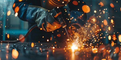 Skillful metal worker working with arc welding machine in factory while wearing safety equipment. Metalwork manufacturing and construction maintenance service by manual skill labor concept
