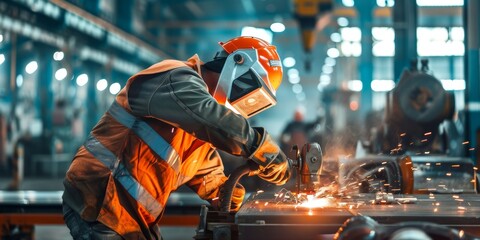 Skillful metal worker working with arc welding machine in factory while wearing safety equipment. Metalwork manufacturing and construction maintenance service by manual skill labor concept.