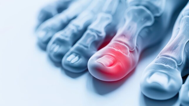 A detailed depiction of toes with a red highlight around the painful area, symbolizing toe pain and emphasizing the sharp, localized discomfort, banner, with copy space