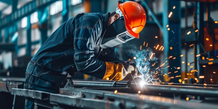 Skillful metal worker working with arc welding machine in factory while wearing safety equipment. Metalwork manufacturing and construction maintenance service by manual skill labor concept.