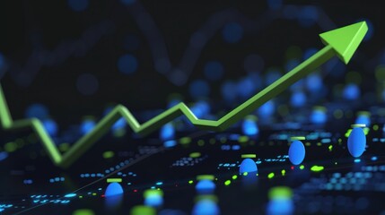 Stock market growth concept, G remodeling graph arrow up, blue dots, dark background, and lime green accents.