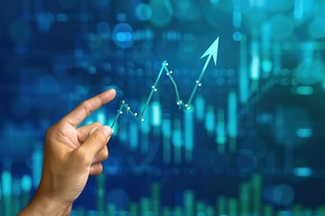Stock market growth concept, hand holding arrow up, blue and green background, detailed business design.