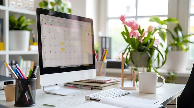 A modern office setup featuring a desktop with a content calendar for social media surrounded by notes planners and coffee cups for productivity and organization