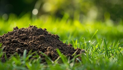 Fototapeta premium High-resolution image of unattractive molehills on a manicured lawn Ideal for wide banner