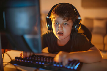 Overweight male kid immersed in video gaming, sporting headphones and actively engaged with the keyboard and PC monitor. Highlights unhealthy lifestyle choices and entertainment ha