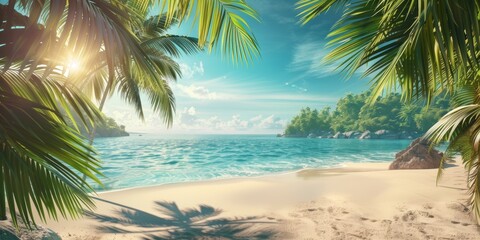 Sunny Tropical Beach With Palm Leaves And Paradise Island
