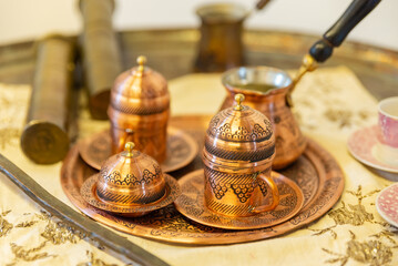 traditional Turkish coffee serving cup with copper inlay