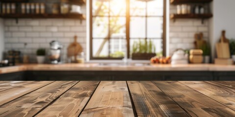 Table Wooden Kitchen Banner with Abstract warm tone, Blurred Background, Empty Space for Product Display in Modern Living, Empty Beautiful wood table top and blurred bokeh modern kitchen background