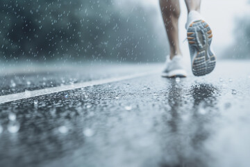 Male athlete's legs or feet in running sneakers jogging on a wet asphalt road street with rain falling. Copy space, outdoor runner sport training or exercise in rainy weather. Phot