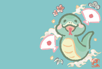 年賀状　年賀2025　巳年　巳　蛇　はがきテンプレート　へび　ゆるかわ　水彩　背景　イラスト素材