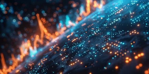 Trading chart hologram in space, hyperrealistic photography, detailed, blue blue and orange lighting, colorgraded, cinematic