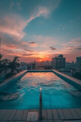 Fototapeta premium Ultra-sharp photo capturing the serene ambiance a rooftop sunset, bathed in soft warm blue light