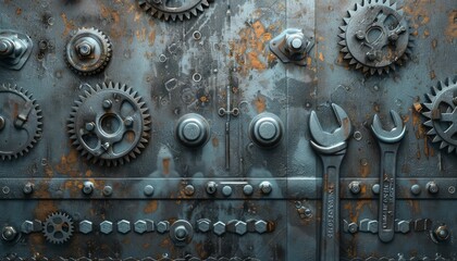 Ultra-sharp photo depicting a backdrop of metal textures with mechanical tools, pipes, cogs, wheels