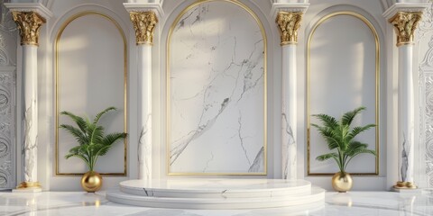 white marble product podium display for luxury product presentation, beautiful golden decoration in the background