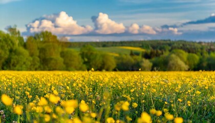 Close-Up of yellow buttercups on meadow against sunlight and blue sky