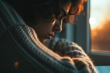 A poetic portrayal of a singer writing lyrics with sunlight filtering through a cozy nook