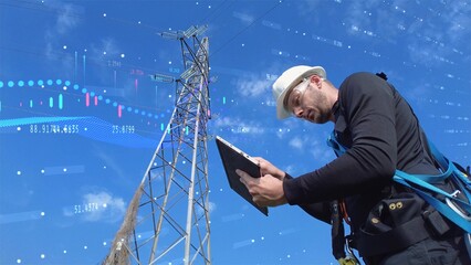 Rising prices of electrical energy infographic concept with electrical engineer working. Low angle